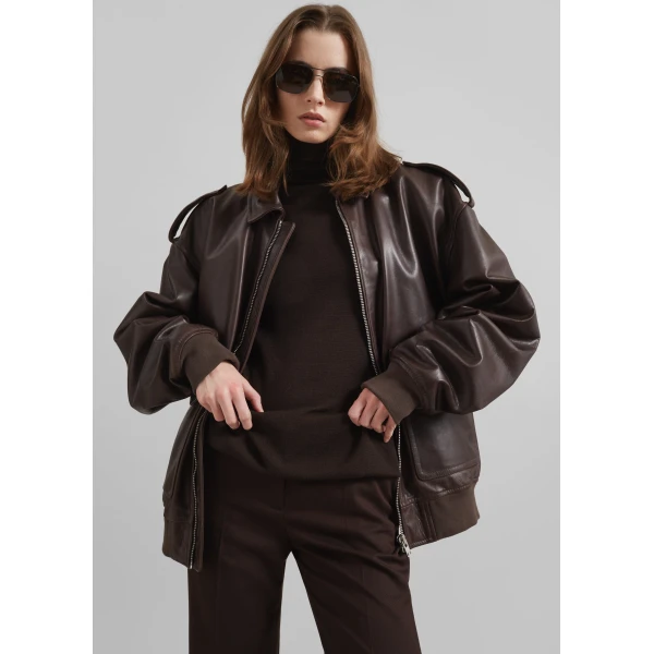 The Frankie Shop Viper Leather Jacket – Brown, view 3