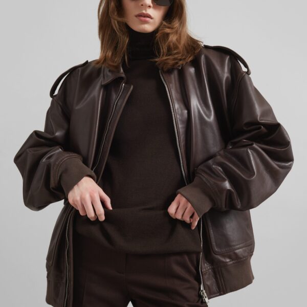 The Frankie Shop Viper Leather Jacket - Brown - Oversized Minimalist Jackets in Beige - Shop at Coveti