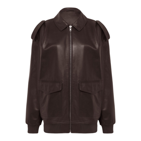 The Frankie Shop Viper Leather Jacket - Brown - Oversized Minimalist Jackets in Beige - Shop at Coveti
