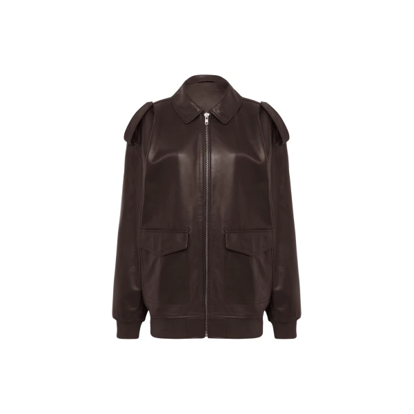 The Frankie Shop Viper Leather Jacket - Brown - Oversized Minimalist Jackets in Beige - Shop at Coveti