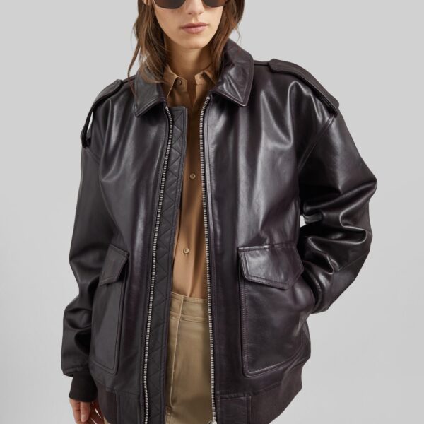 The Frankie Shop Viper Leather Jacket - Dark Plum - Oversized Minimalist Jackets in Purple - Shop at Coveti