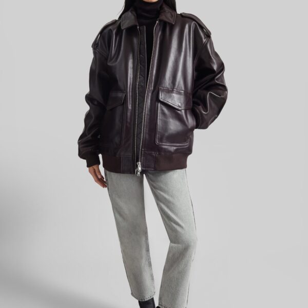 The Frankie Shop Viper Leather Jacket - Dark Plum - Oversized Minimalist Jackets in Purple - Shop at Coveti