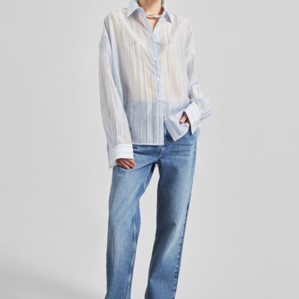 The Frankie Shop Vranor Light Sheer Shirt - Light Blue/Black Stripe - Oversized Minimalist Tops in Multicolour - Shop at Coveti
