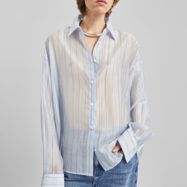 The Frankie Shop Vranor Light Sheer Shirt - Light Blue/Black Stripe - Oversized Minimalist Tops in Multicolour - Shop at Coveti