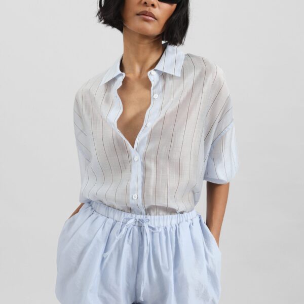 The Frankie Shop Vranor Light Sheer Shirt - Light Blue/Black Stripe - Oversized Minimalist Tops in Multicolour - Shop at Coveti
