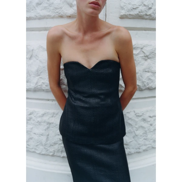 The Frankie Shop Woven Leather Strapless Bodice – Black Top, view 2