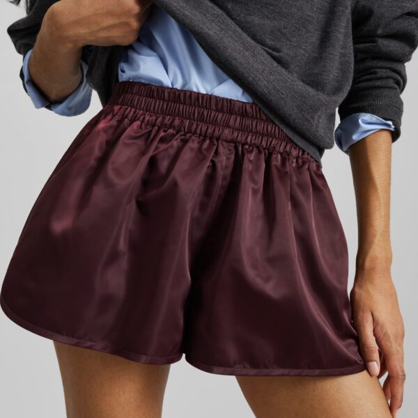 The Frankie Shop Zafra Satin Mini Shorts - Dark Plum - Oversized Minimalist Shorts in Purple - Shop at Coveti