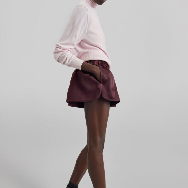 The Frankie Shop Zafra Satin Mini Shorts - Dark Plum - Oversized Minimalist Shorts in Purple - Shop at Coveti