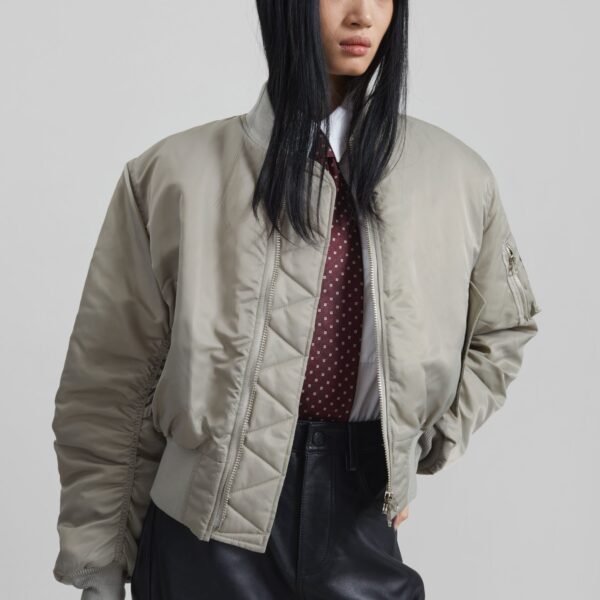 The Frankie Shop Zernez Cropped Bomber Jacket - Stone - Oversized Minimalist Jackets in Beige - Shop at Coveti