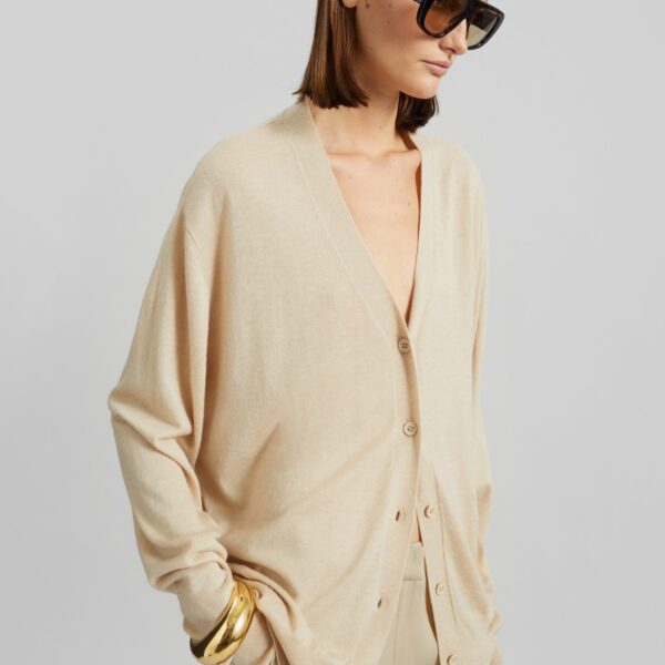 The Frankie Shop Zina V-Neck Cardigan - Beige - Oversized Minimalist Knitwear in Beige - Shop at Coveti