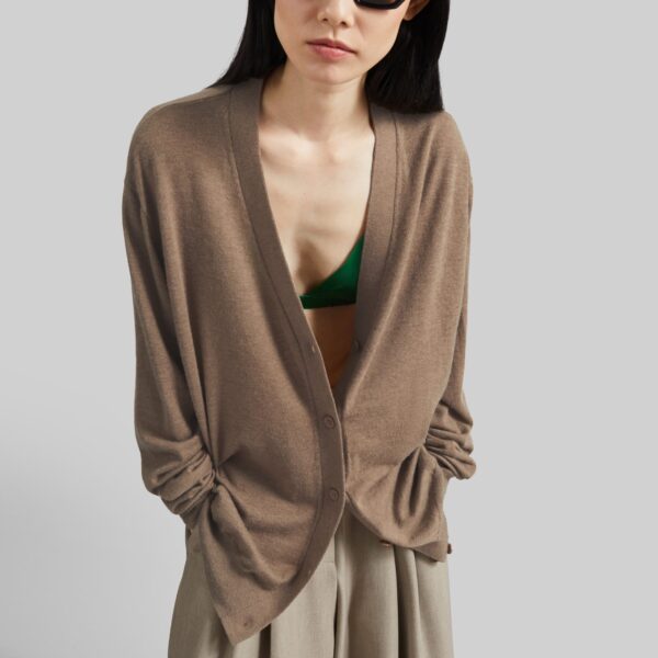 The Frankie Shop Zina V-Neck Cardigan - Mocha - Oversized Minimalist Knitwear in Beige - Shop at Coveti