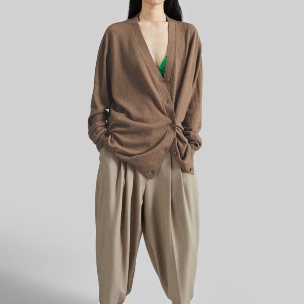 The Frankie Shop Zina V-Neck Cardigan - Mocha - Oversized Minimalist Knitwear in Beige - Shop at Coveti