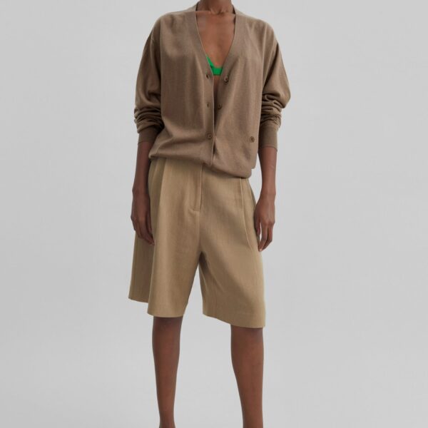 The Frankie Shop Zina V-Neck Cardigan - Mocha - Oversized Minimalist Knitwear in Beige - Shop at Coveti