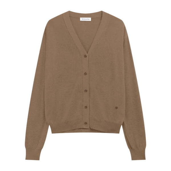The Frankie Shop Zina V-Neck Cardigan - Mocha - Oversized Minimalist Knitwear in Beige - Shop at Coveti