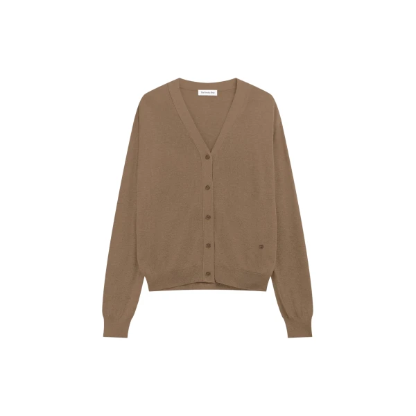 The Frankie Shop Zina V-Neck Cardigan - Mocha - Oversized Minimalist Knitwear in Beige - Shop at Coveti