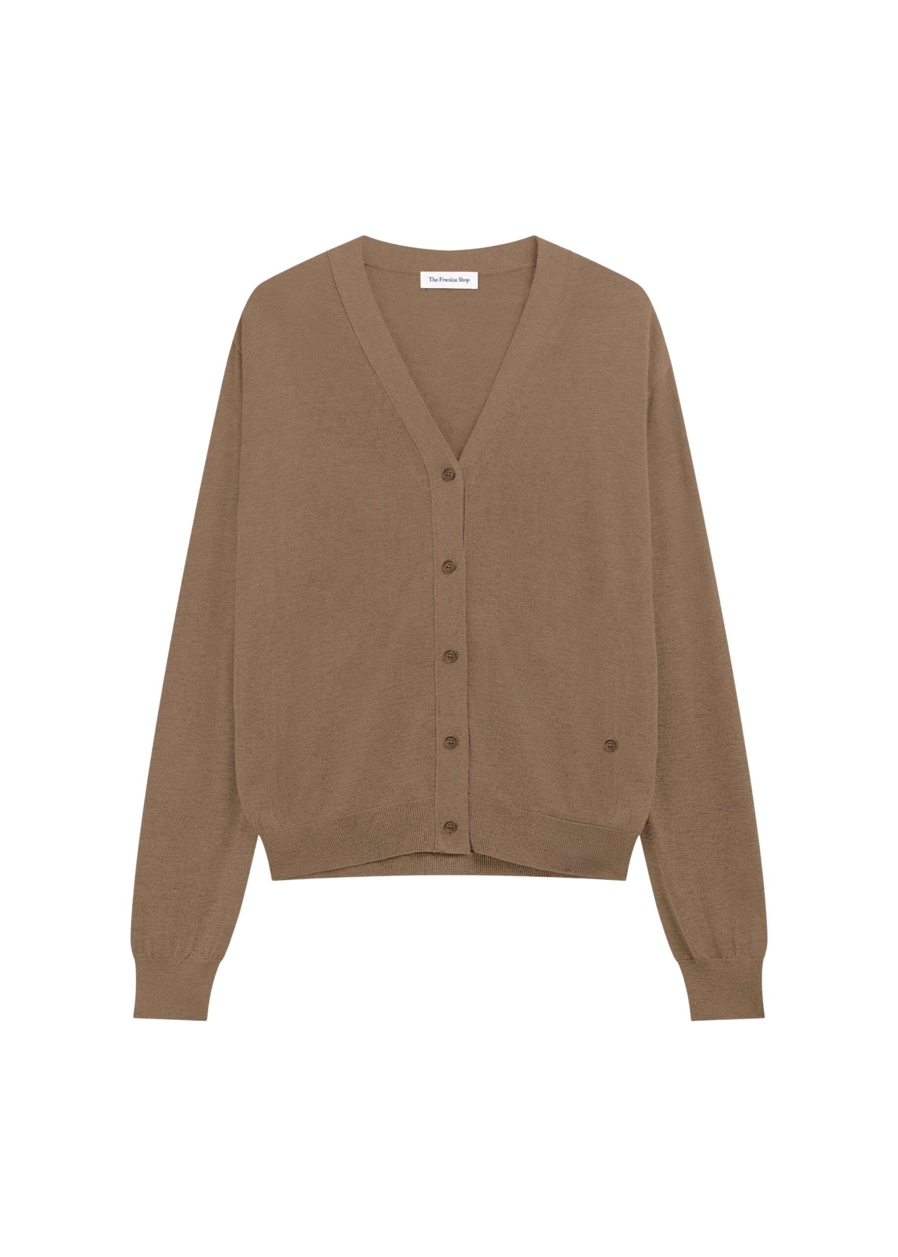 The Frankie Shop Zina V-Neck Cardigan - Mocha - Oversized Minimalist Knitwear in Beige - Shop at Coveti