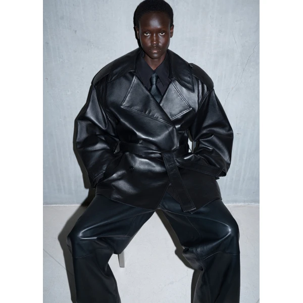 The Frankie Shop Zurich Oversized Faux Leather Short Trench – Black, view 2