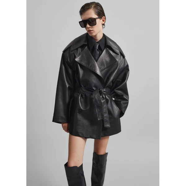 The Frankie Shop Zurich Oversized Faux Leather Short Trench – Black, view 3