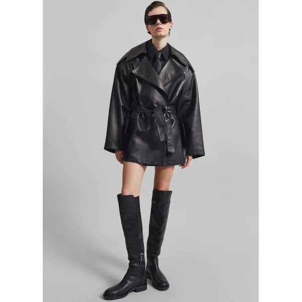 The Frankie Shop Zurich Oversized Faux Leather Short Trench – Black, view 4