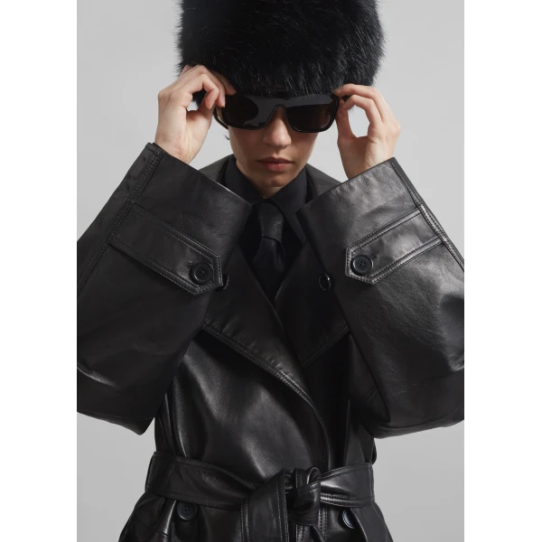 The Frankie Shop Zurich Oversized Faux Leather Short Trench – Black, view 5