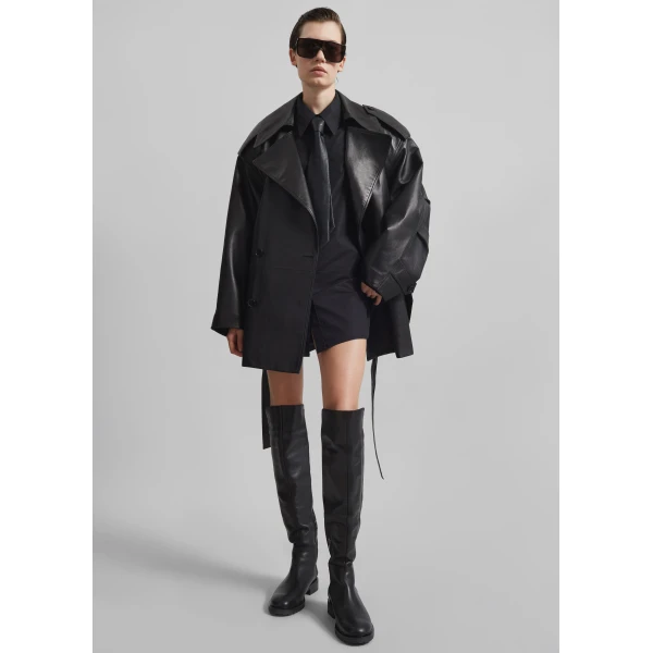 The Frankie Shop Zurich Oversized Faux Leather Short Trench – Black, view 6