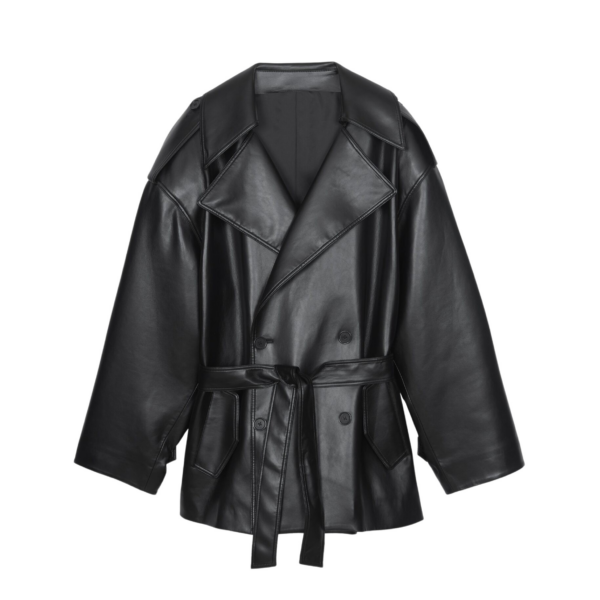 The Frankie Shop Zurich Oversized Faux Leather Short Trench - Black - Oversized Minimalist Coats in Black - Shop at Coveti