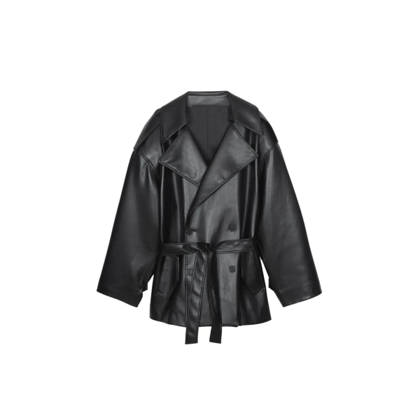 The Frankie Shop Zurich Oversized Faux Leather Short Trench – Black