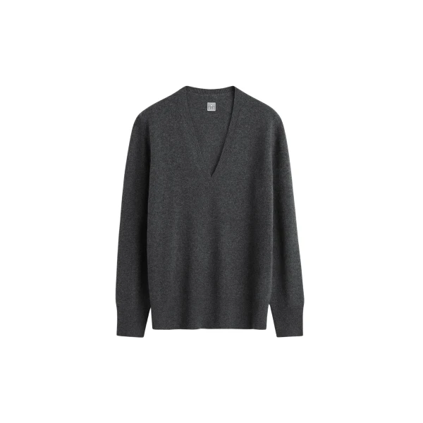 Totême Cashmere V-Neck Knit Charcoal - Knitwear - Scandinavian Minimalist Luxury at Coveti