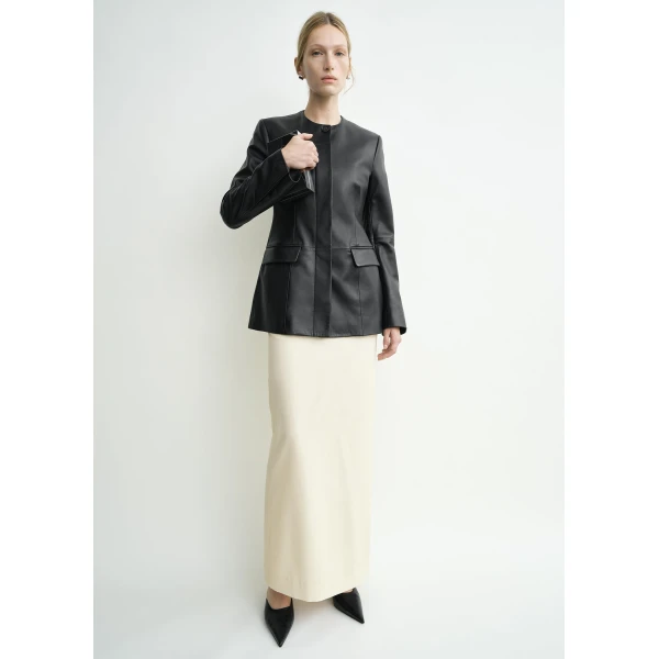 Totême Collarless Leather Jacket Black - Jackets - Scandinavian Minimalist Luxury at Coveti