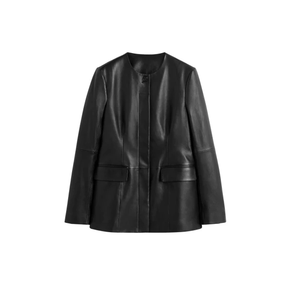 Totême Collarless Leather Jacket Black - Jackets - Scandinavian Minimalist Luxury at Coveti