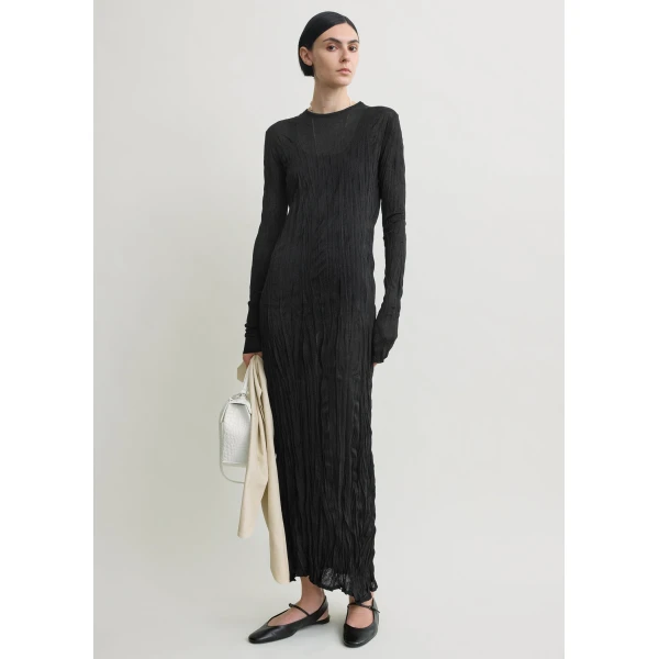 Totême Crinkled Knit Long-Sleeve Dress Black - Dresses - Scandinavian Minimalist Luxury at Coveti