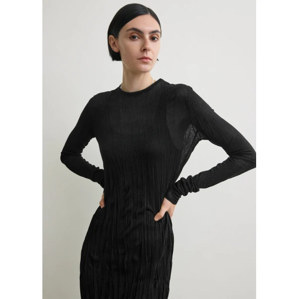 Totême Crinkled Knit Long-Sleeve Dress Black - Dresses - Scandinavian Minimalist Luxury at Coveti