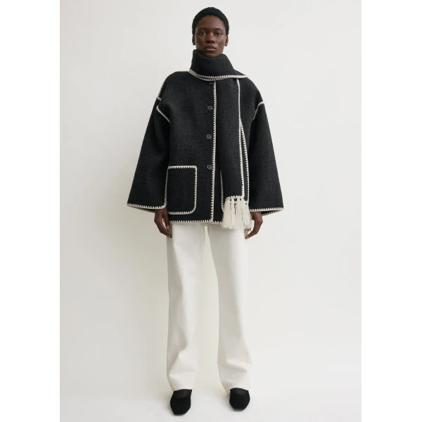 Totême Embroidered Scarf Jacket Dark Grey Mélange - Jackets - Scandinavian Minimalist Luxury at Coveti