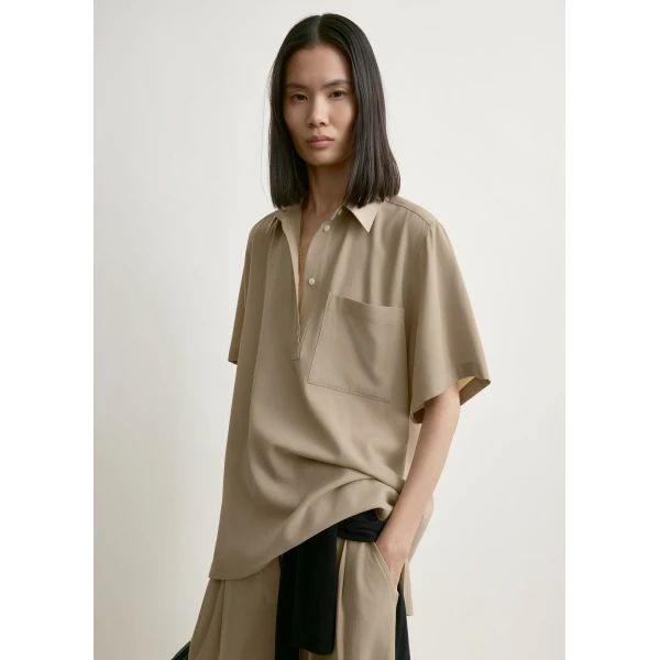 Totême Fluid Polo Shirt Overcast Beige - Tops - Scandinavian Minimalist Luxury at Coveti
