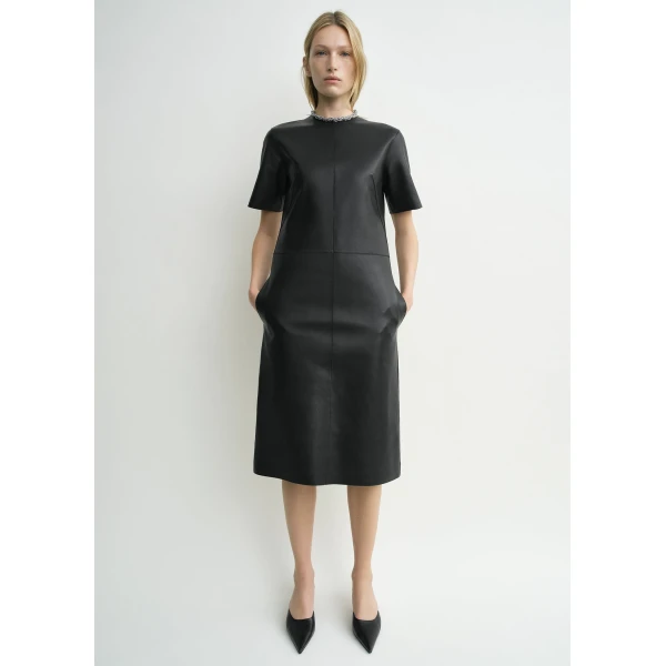 Totême Leather Tee Dress Black - Dresses - Scandinavian Minimalist Luxury at Coveti