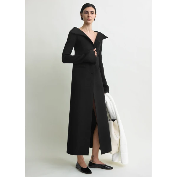 Totême Open Collar Wool Coat Black - Coats - Scandinavian Minimalist Luxury at Coveti