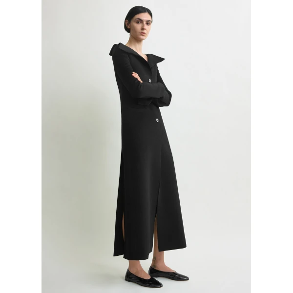 Totême Open Collar Wool Coat Black - Coats - Scandinavian Minimalist Luxury at Coveti