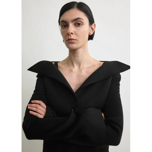 Totême Open Collar Wool Coat Black - Coats - Scandinavian Minimalist Luxury at Coveti