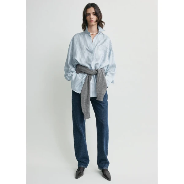 Totême Oversized Striped Shirt Ice/White - Tops - Scandinavian Minimalist Luxury at Coveti