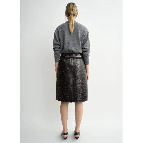 Totême Paneled Croco-Embossed Skirt Dark Brown - Skirts - Scandinavian Minimalist Luxury at Coveti