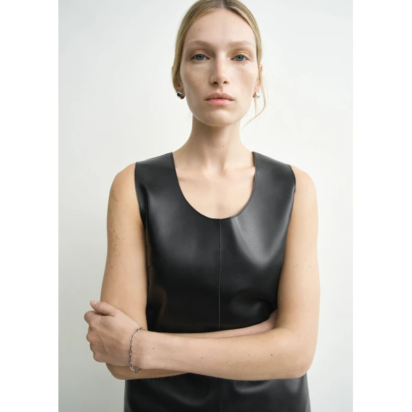 Totême Scoop-Neck Leather Top Black - Tops - Scandinavian Minimalist Luxury at Coveti