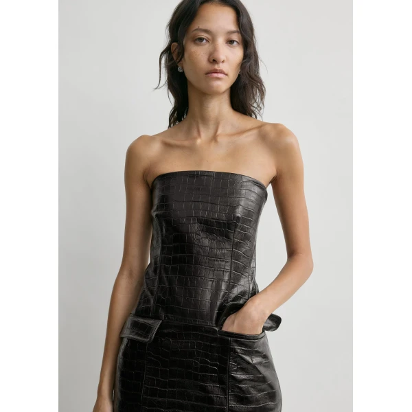 Totême Strapless Croco-Embossed Pocket Top Dark Brown - Tops - Scandinavian Minimalist Luxury at Coveti