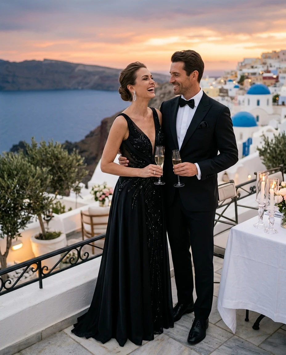 Gemma Deeks Style Guide: Black tie Anniversary in Santorini Summer 2026