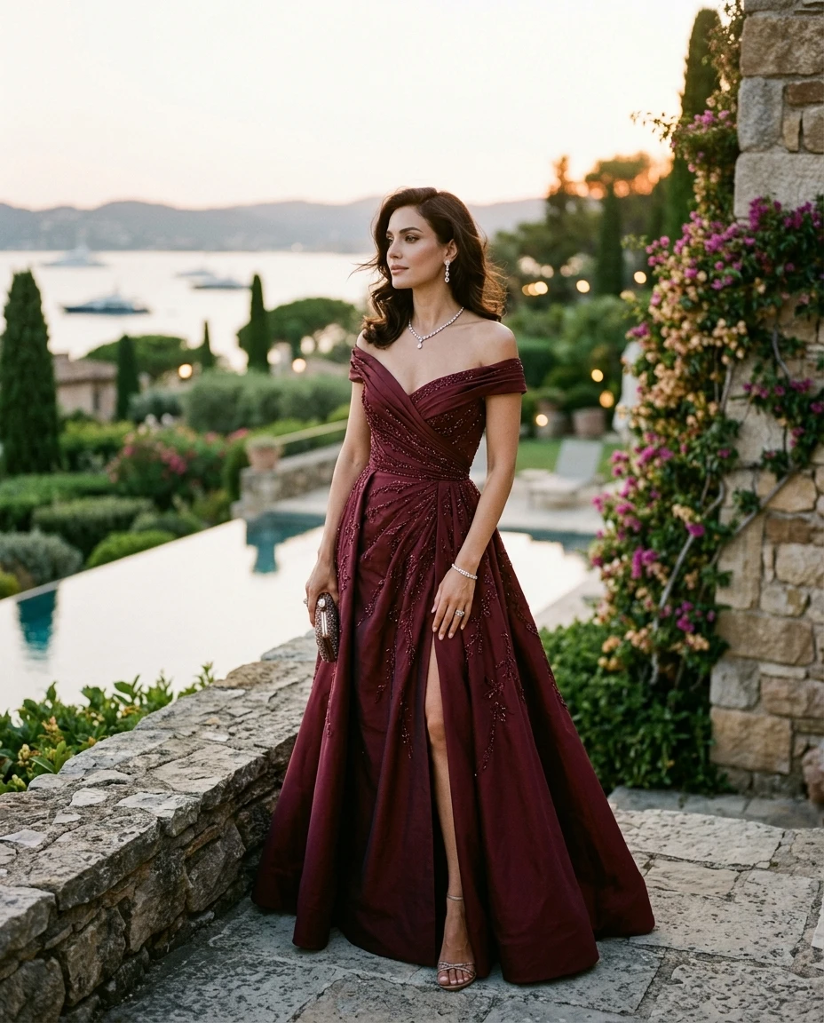 Gemma Deeks Style Guide: Black tie Designer Summer Dresses in Burgundy Summer 2026