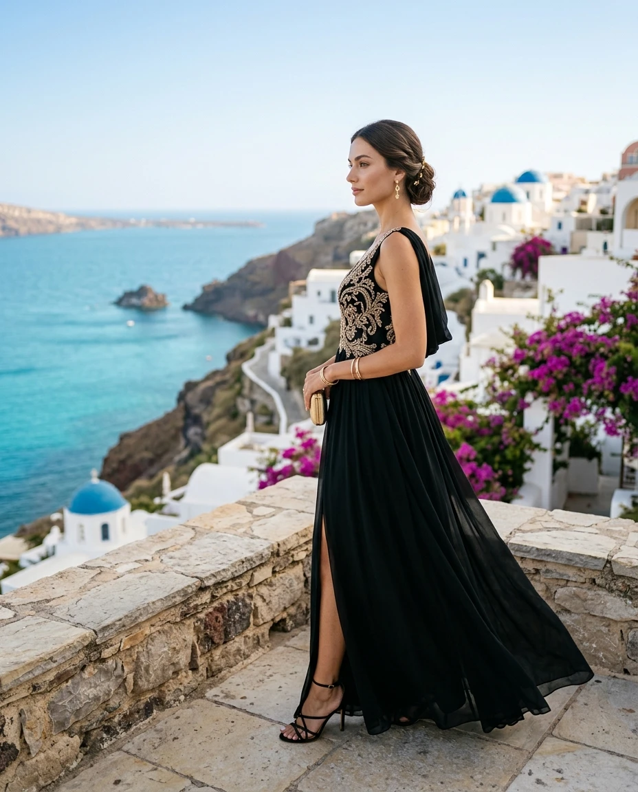 Gemma Deeks Style Guide: Black tie Designer Summer Dresses in Crete Summer 2026