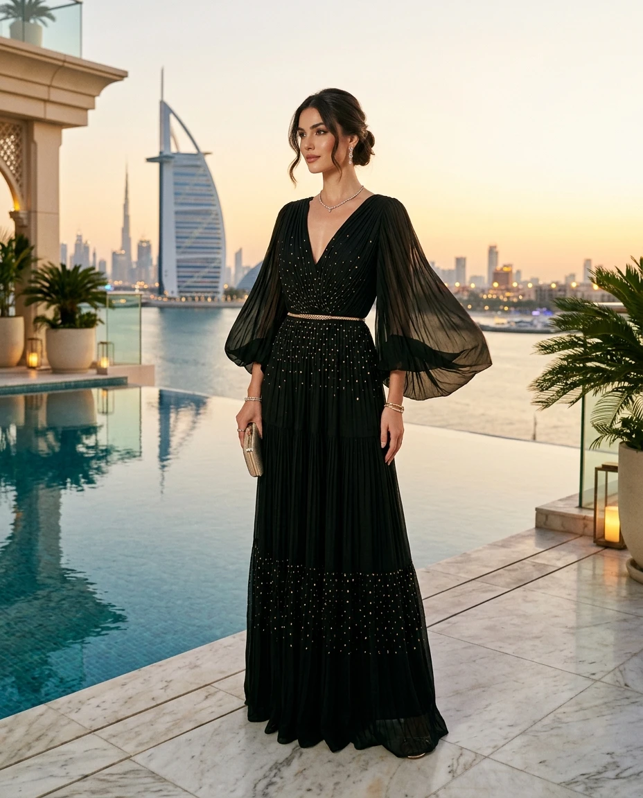 Gemma Deeks Style Guide: Black tie Designer Summer Dresses in Dubai Summer 2026