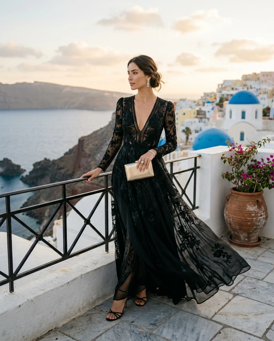 Gemma Deeks Style Guide: Black tie Designer Summer Dresses in Greece Summer 2026