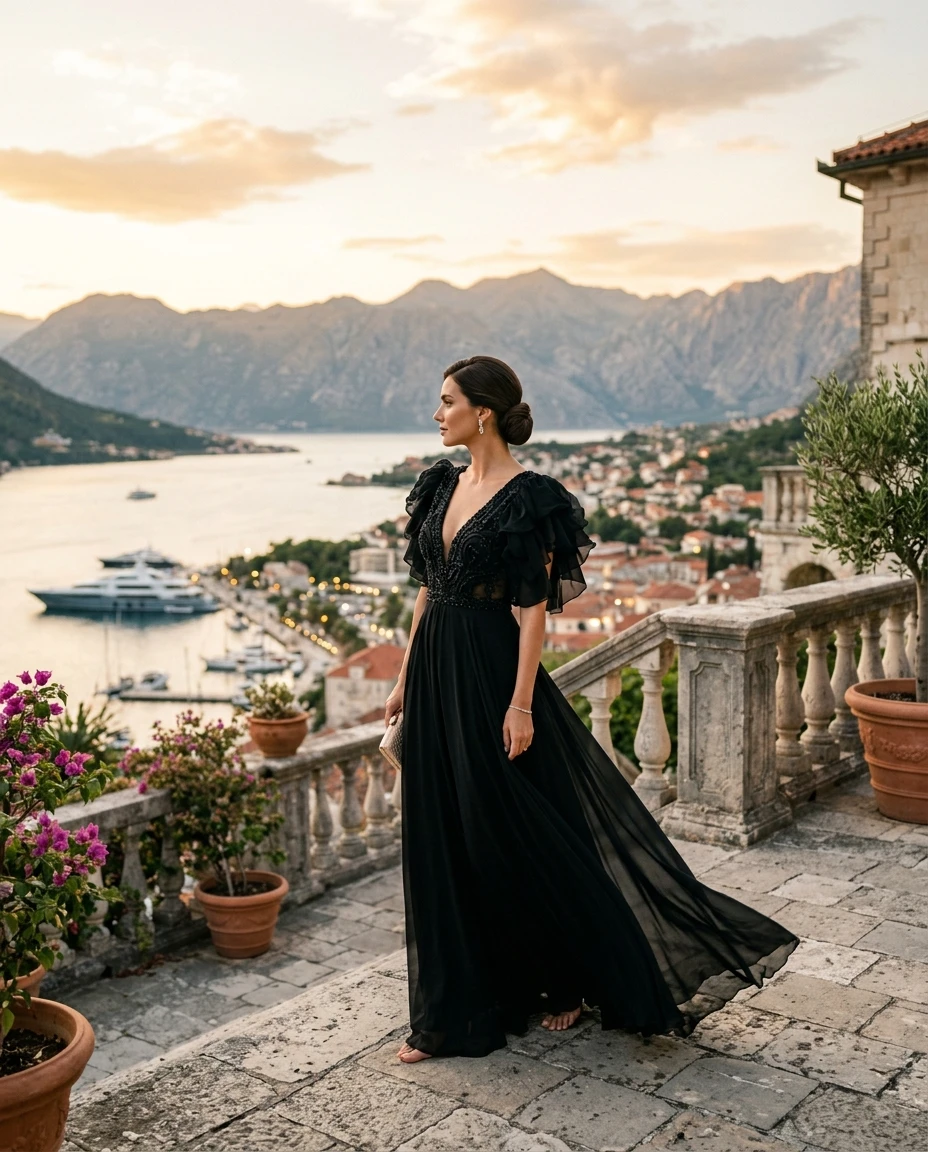 Gemma Deeks Style Guide: Black tie Designer Summer Dresses in Montenegro Summer 2026