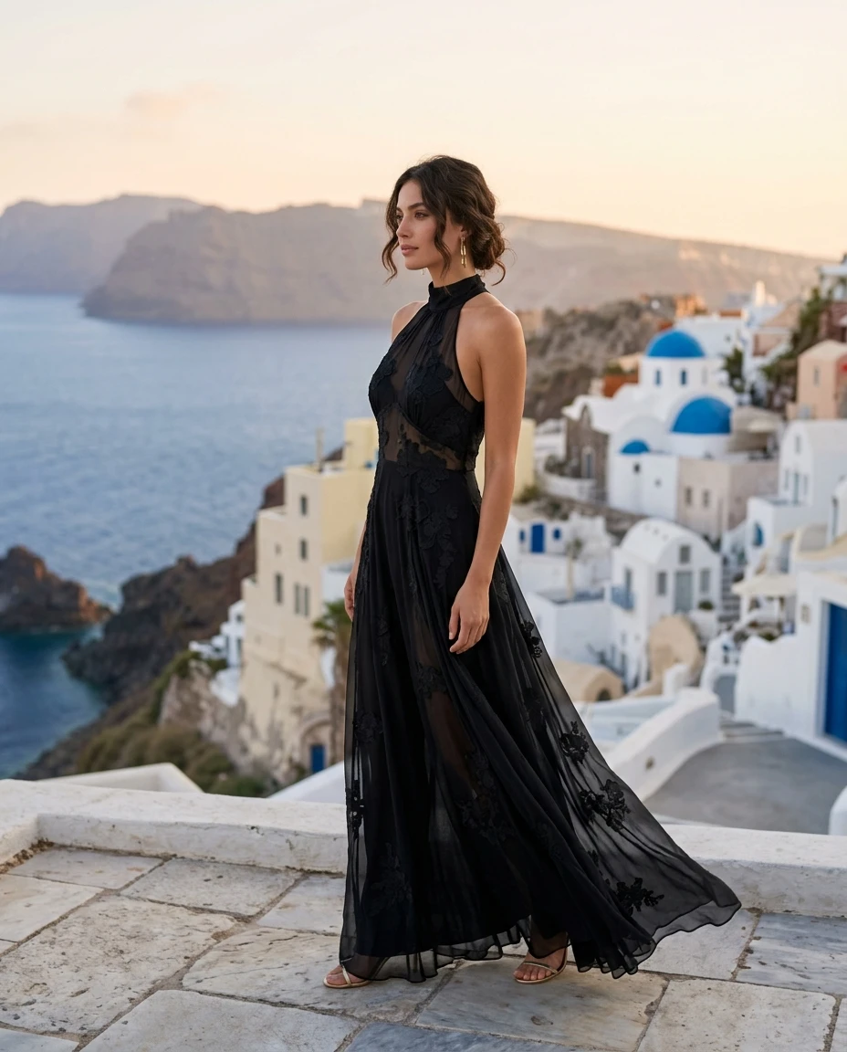 Gemma Deeks Style Guide: Black tie Designer Summer Dresses in Santorini Summer 2026
