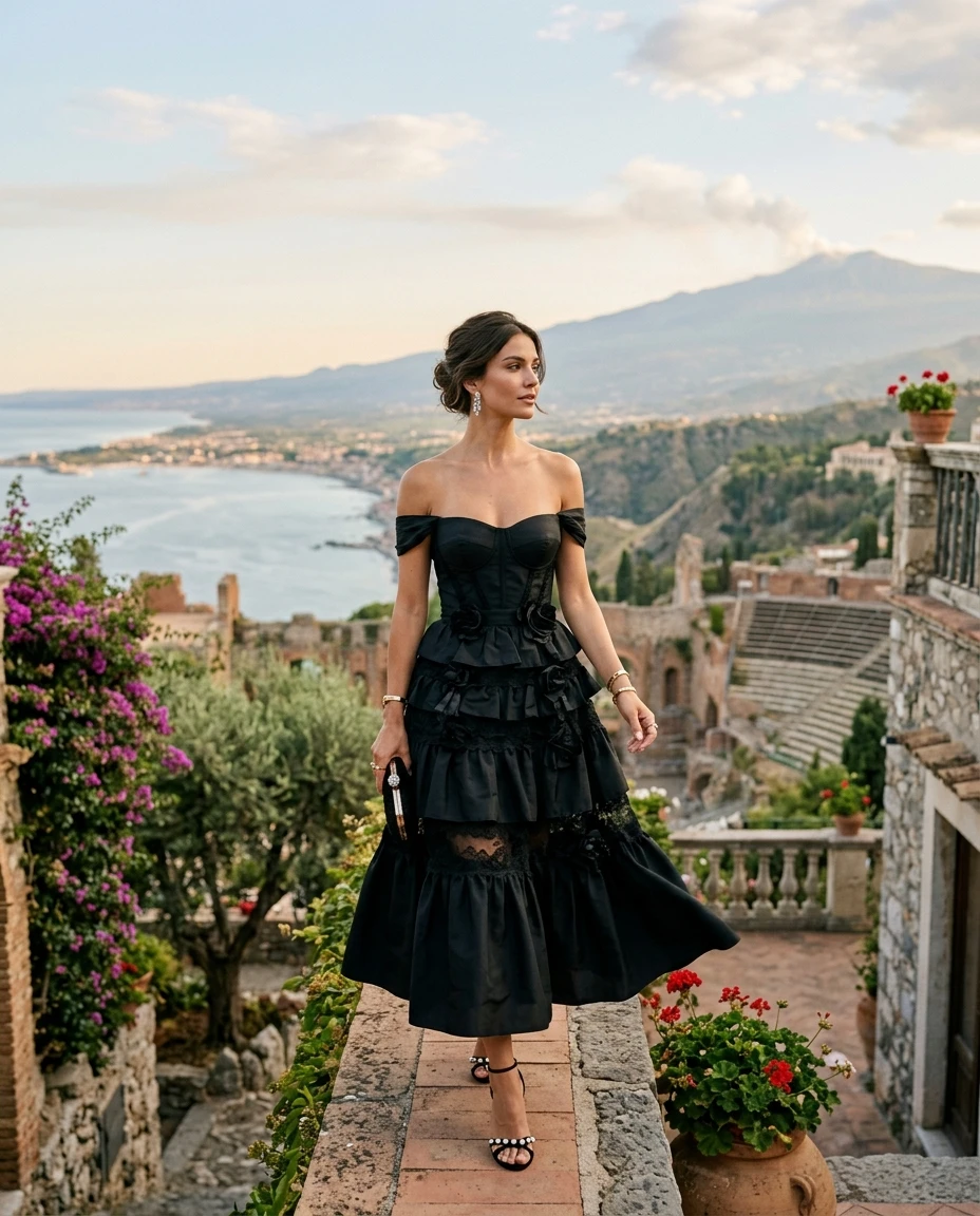 Gemma Deeks Style Guide: Black tie Designer Summer Dresses in Sicily Summer 2026